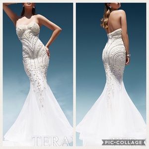 TERANI couture white pearl mermaid gown